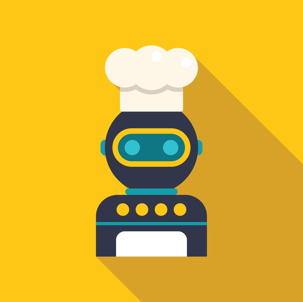 Robot chef wearing a toque and working in a restaurant kitchen vector