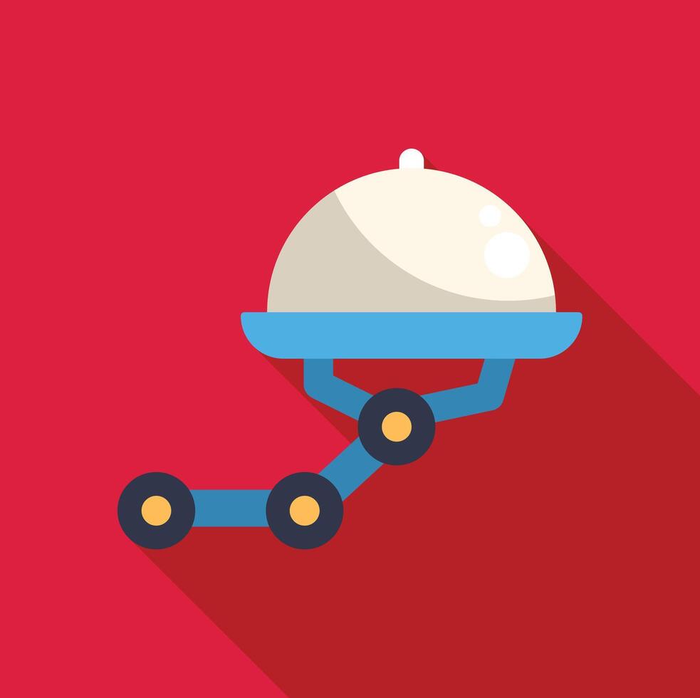 Food delivery robot carrying covered dish on wheels in flat design style vector