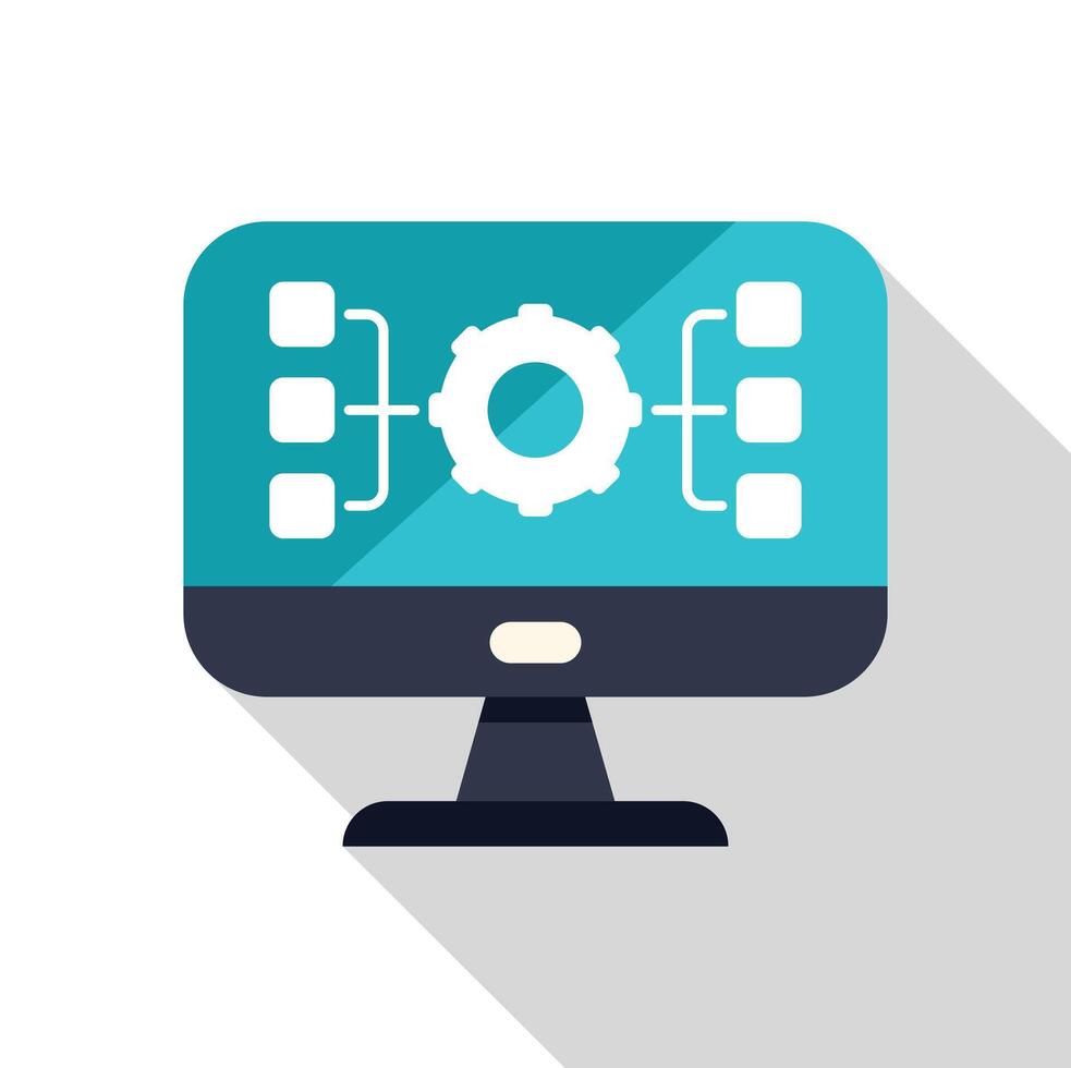 Computer monitor displaying flowchart with gear, symbolizing automated process vector