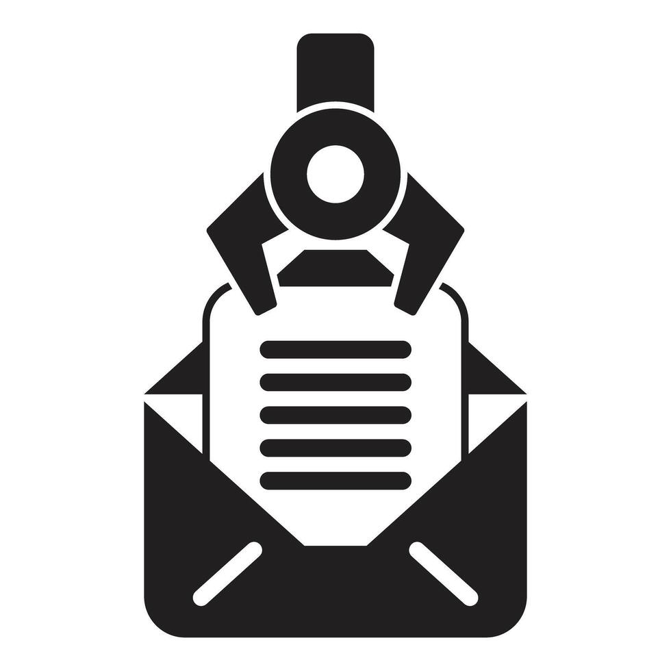 Robotic arm holding document in open mail envelope, automation in document processing vector