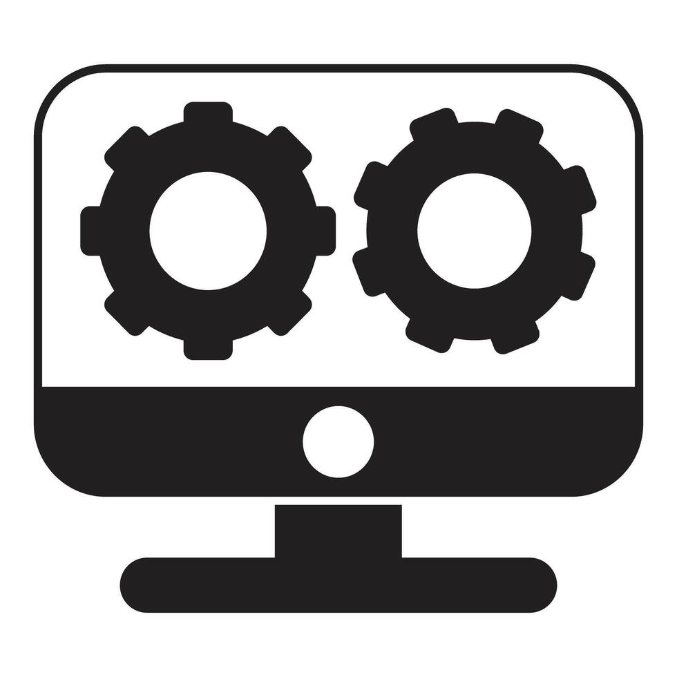 Computer processing data with two gears rotating on screen vector