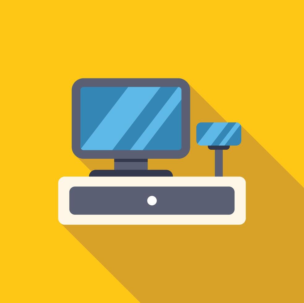 Cash register machine with monitor and barcode scanner on yellow background vector