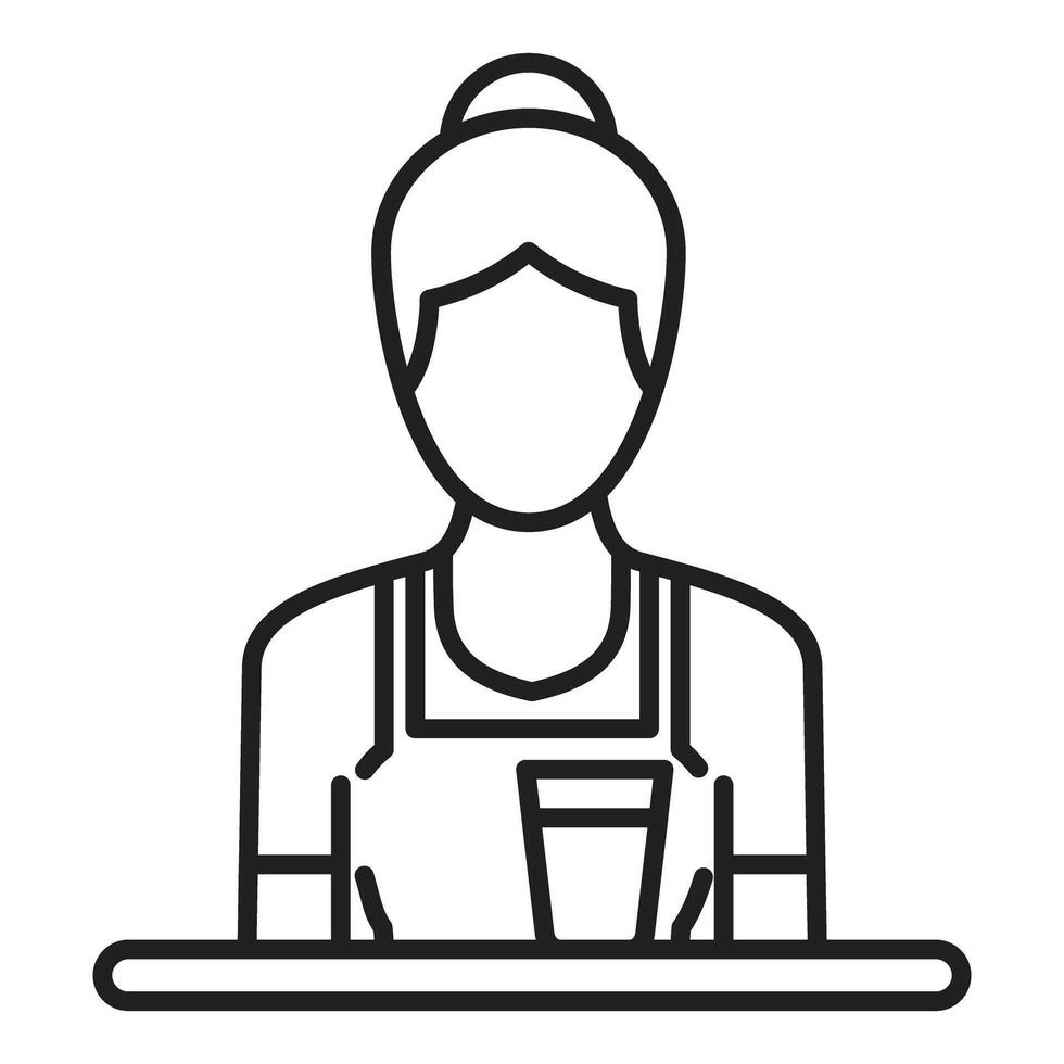 Female bartender serving drinks, wearing apron and hair bun, bar counter, line drawing vector