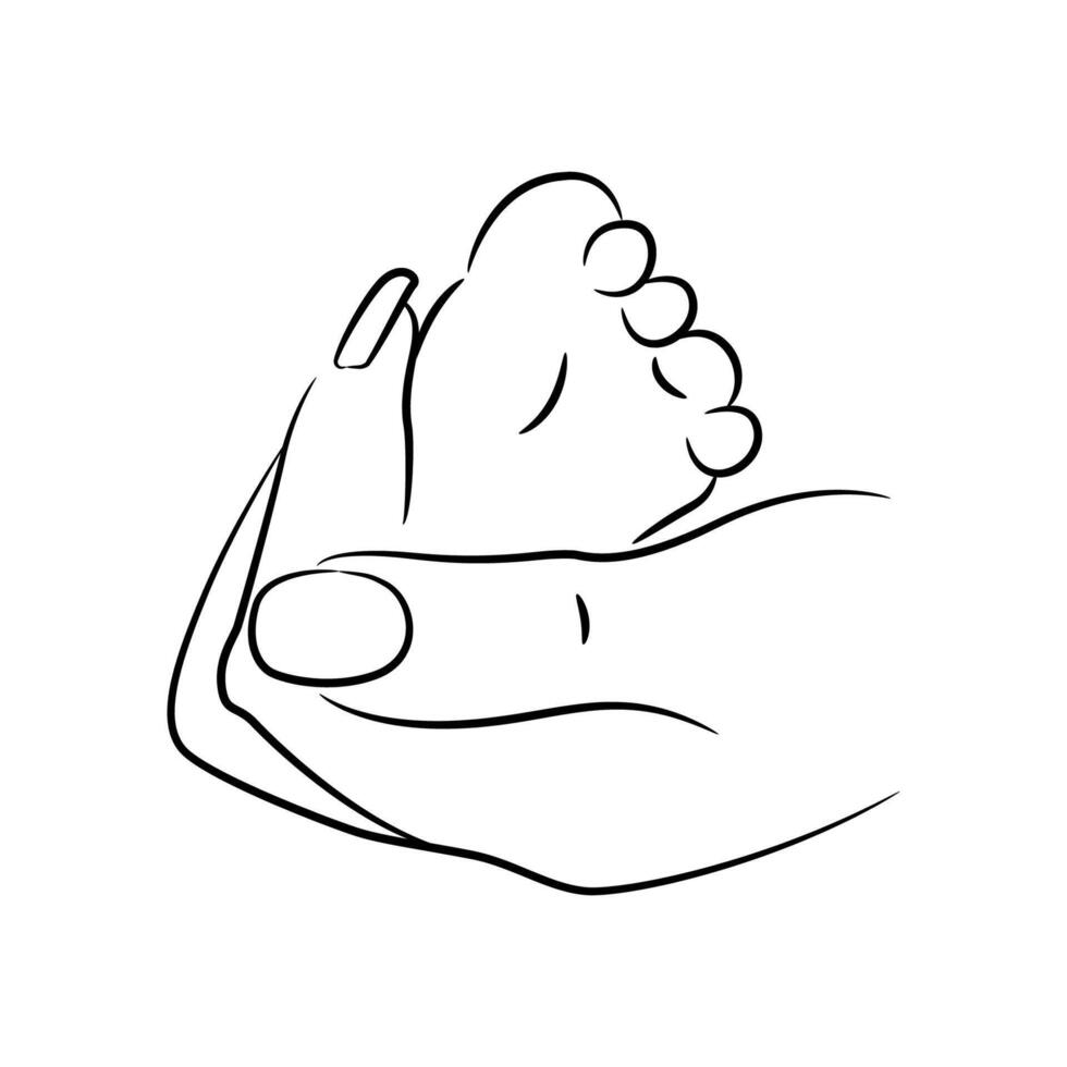 hand mother holding heel new born body line art vector