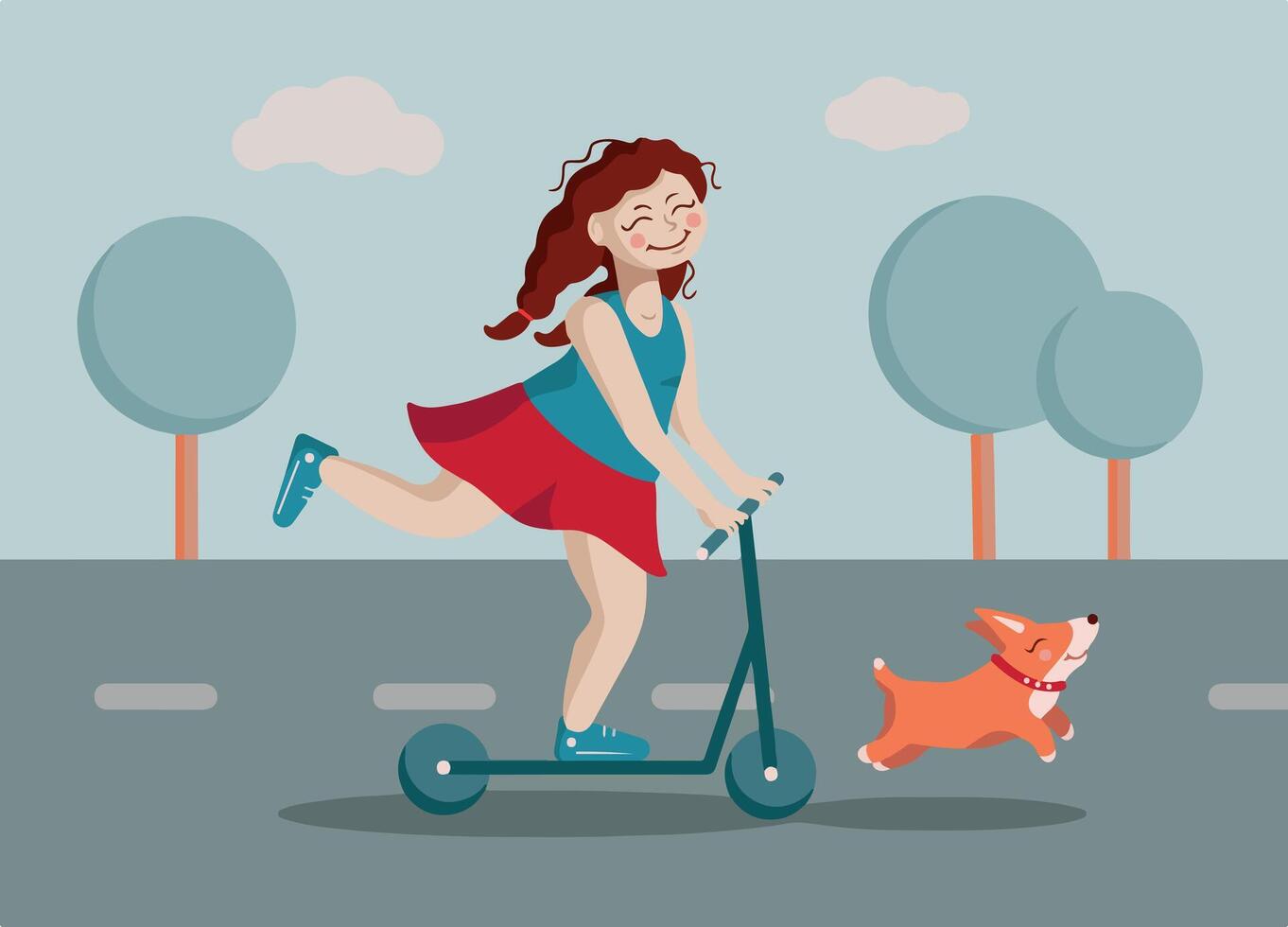 A Joyful Girl Riding Her Colorful Scooter with Her Happy Dog Adventuring in a Park vector