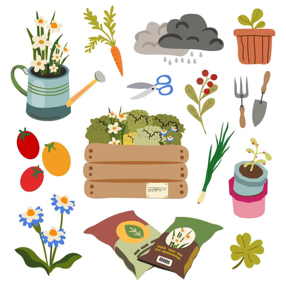 Spring planting season. Blooming season. Collection of floral, botanical elements. Spring cute icon set. Land for planting, seeds, pots for flowers, watering can vector