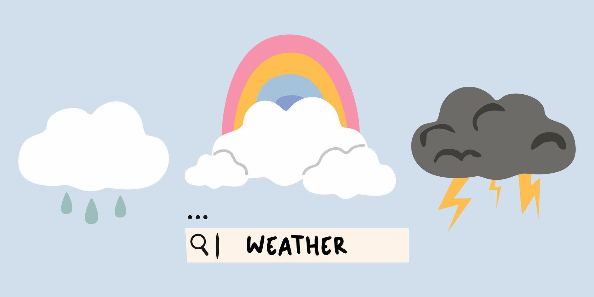 Collection of weather icons. Retro weather poster. Sunny weather, rain cloud, stormy dark cloud, cloud with rainbow. Climate symbol. Weather forecast search vector