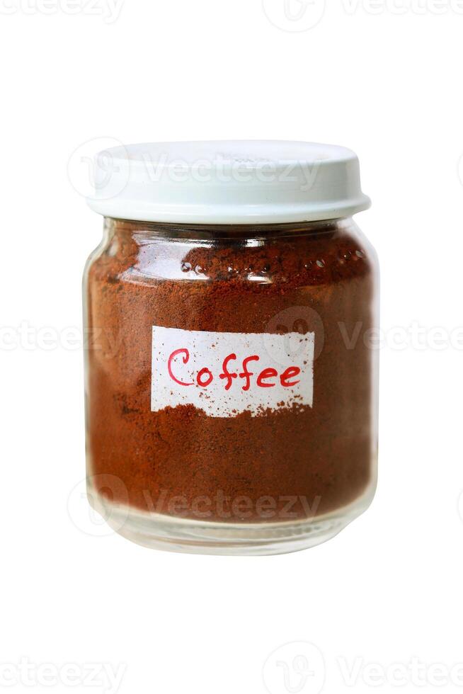 Coffee powder in a glass jar isolated on a white background, Clipping path photo
