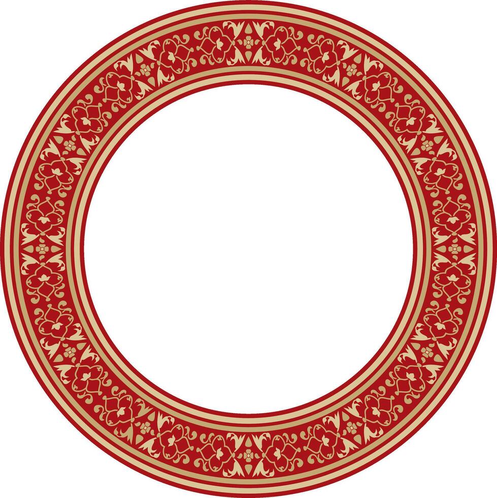 gold with red round Turkish national ornament. Ottoman border, frame. Ethnic floral circle, ring vector