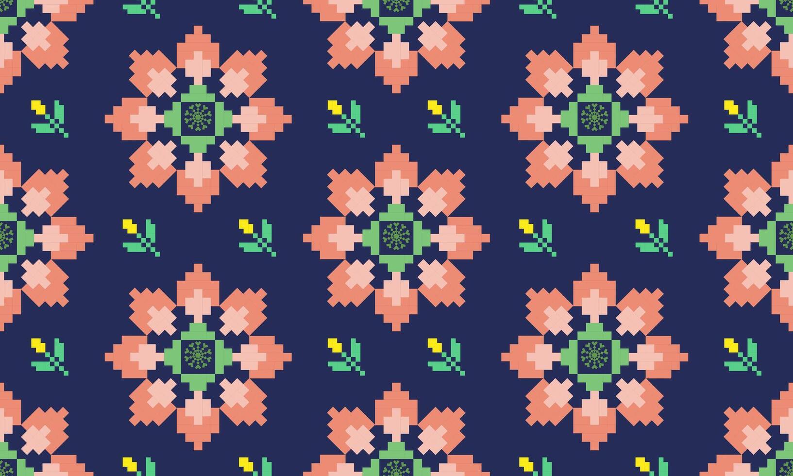 a detailed pattern composed of pixel designs with light orange flowers square on dark blue background , design for fabric or various pattern printing works. vector