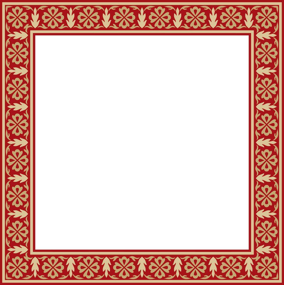 gold with red square Turkish national ornament. Ottoman border, frame. Ethnic floral rectangle vector