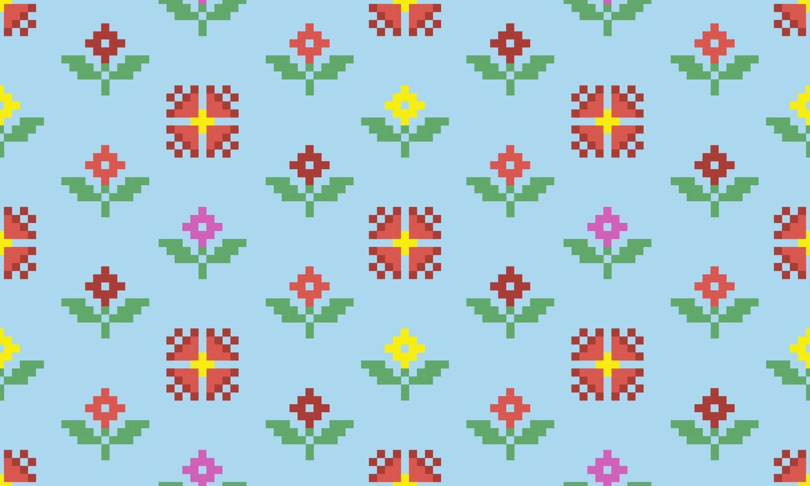 a detailed pattern composed of pixel designs with red,yellow ,pink flowers square on light blue background , design for fabric or various pattern printing works. vector
