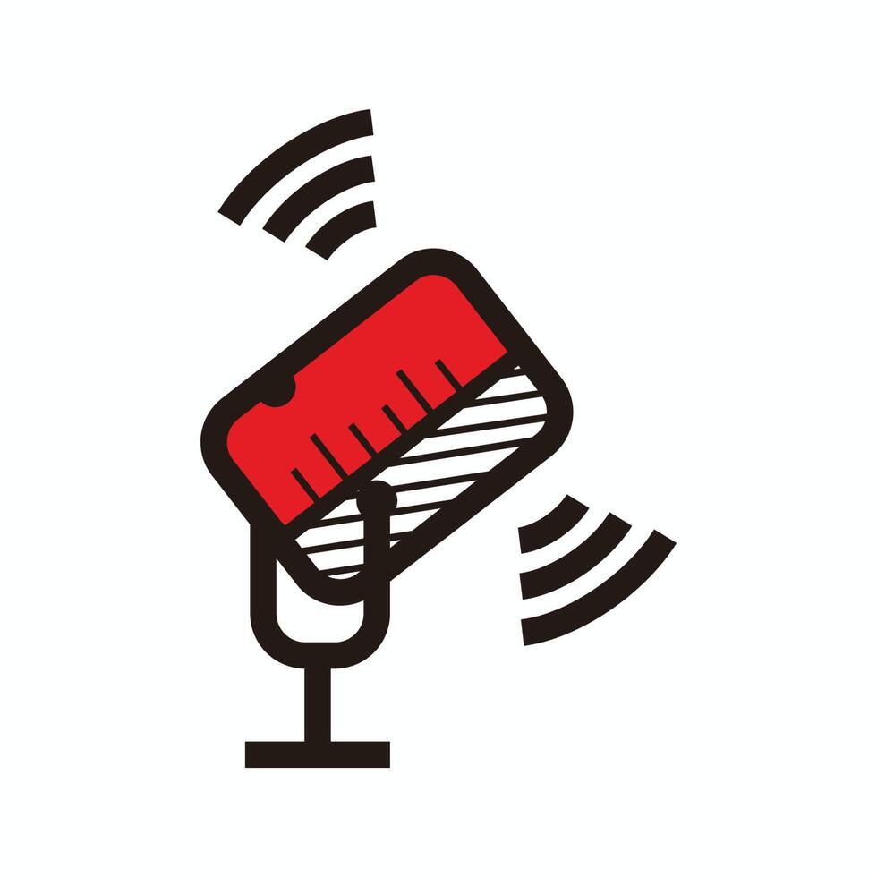 music microphone with signal sign for broadcast or podcast - music microphone with signal icon or logo - red, white and black illustrations vector