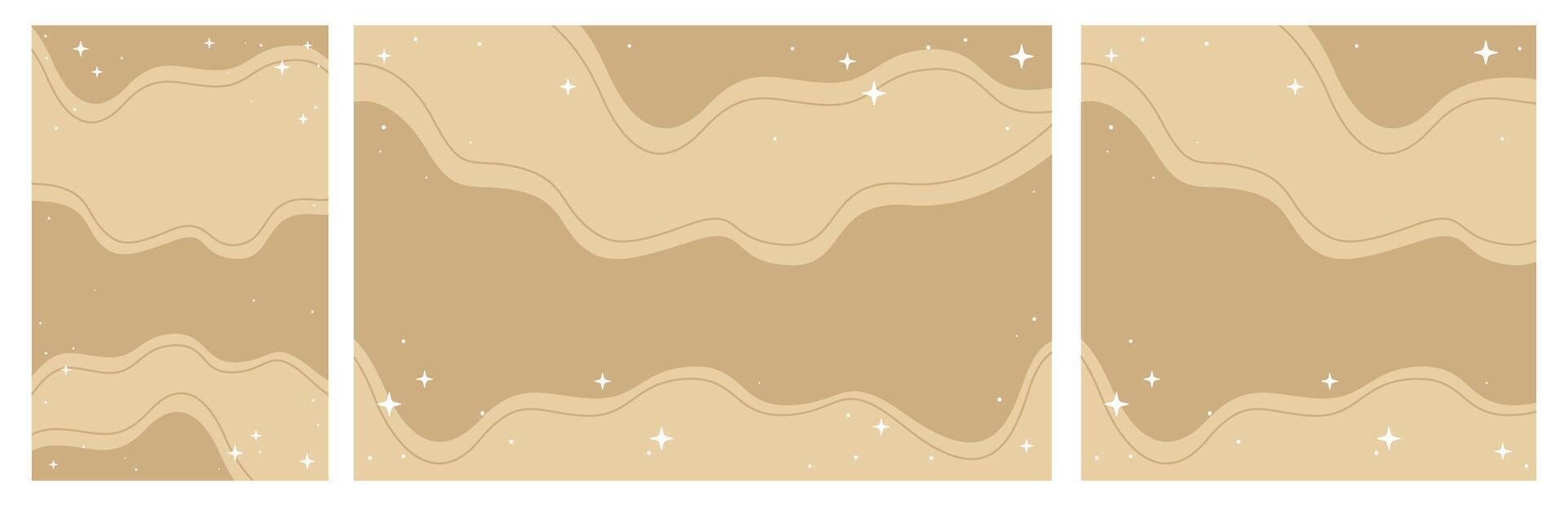 Stylized Magic Beige Sky with Flowing Wavy Patterns and Shining Stars. Set of Wide, Square and Vertical Formats vector