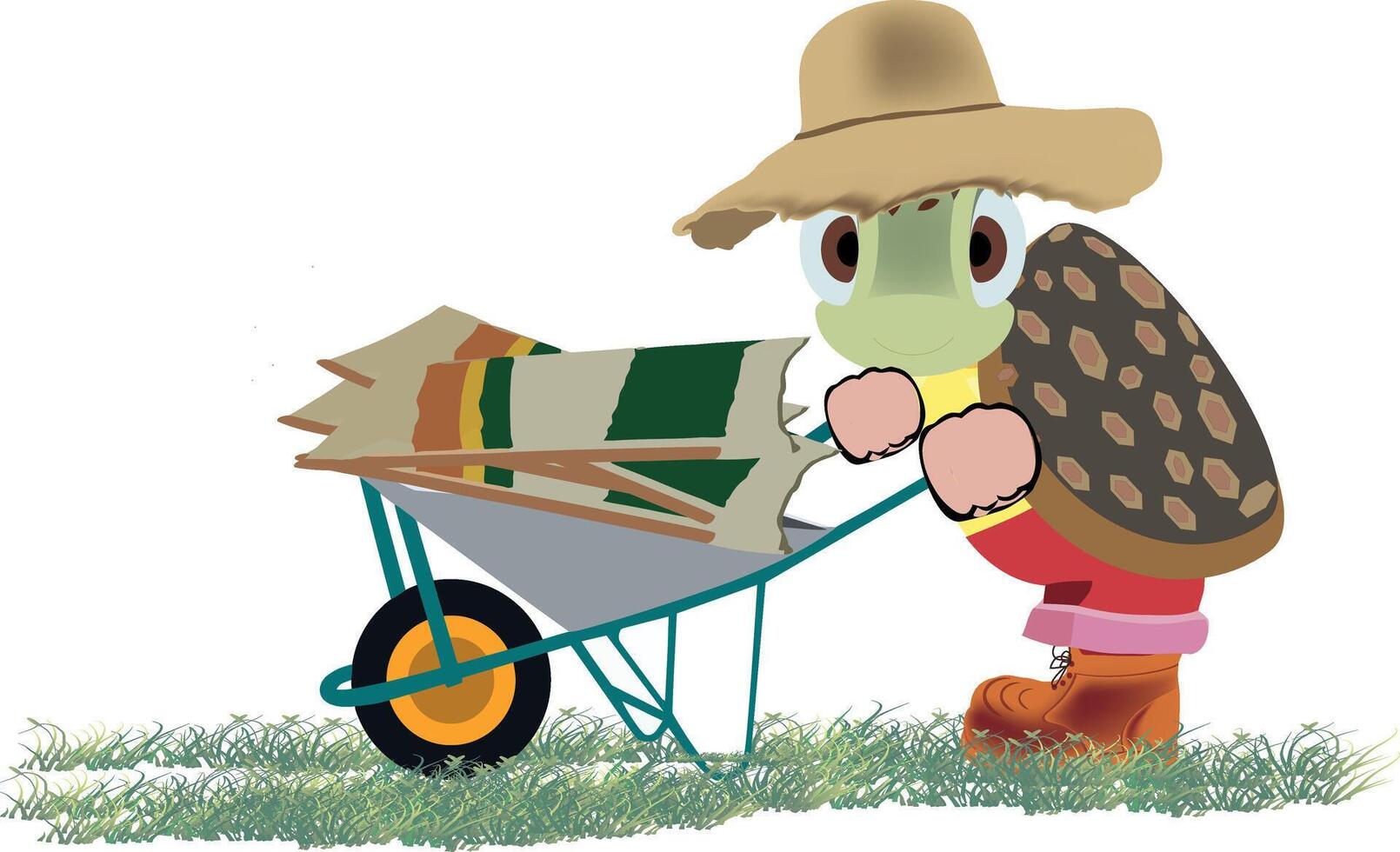 A cartoon turtle pushing a wheelbarrow with a pile of books vector