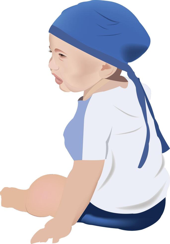 A baby wearing a blue hat and sitting down vector
