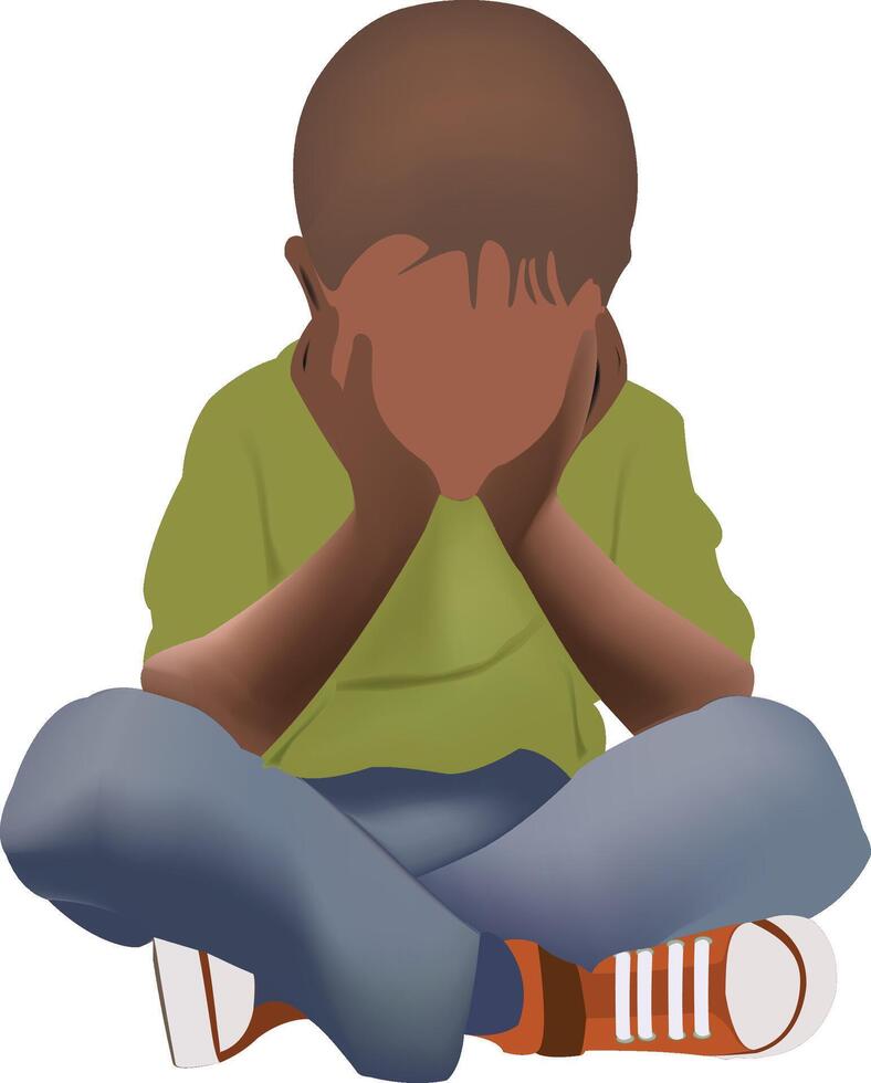 A boy sitting on the floor with his hands covering his face vector