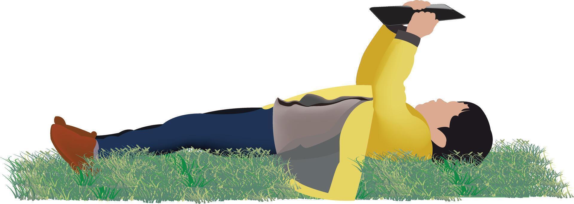 A cartoon man laying in the grass with his arms up vector