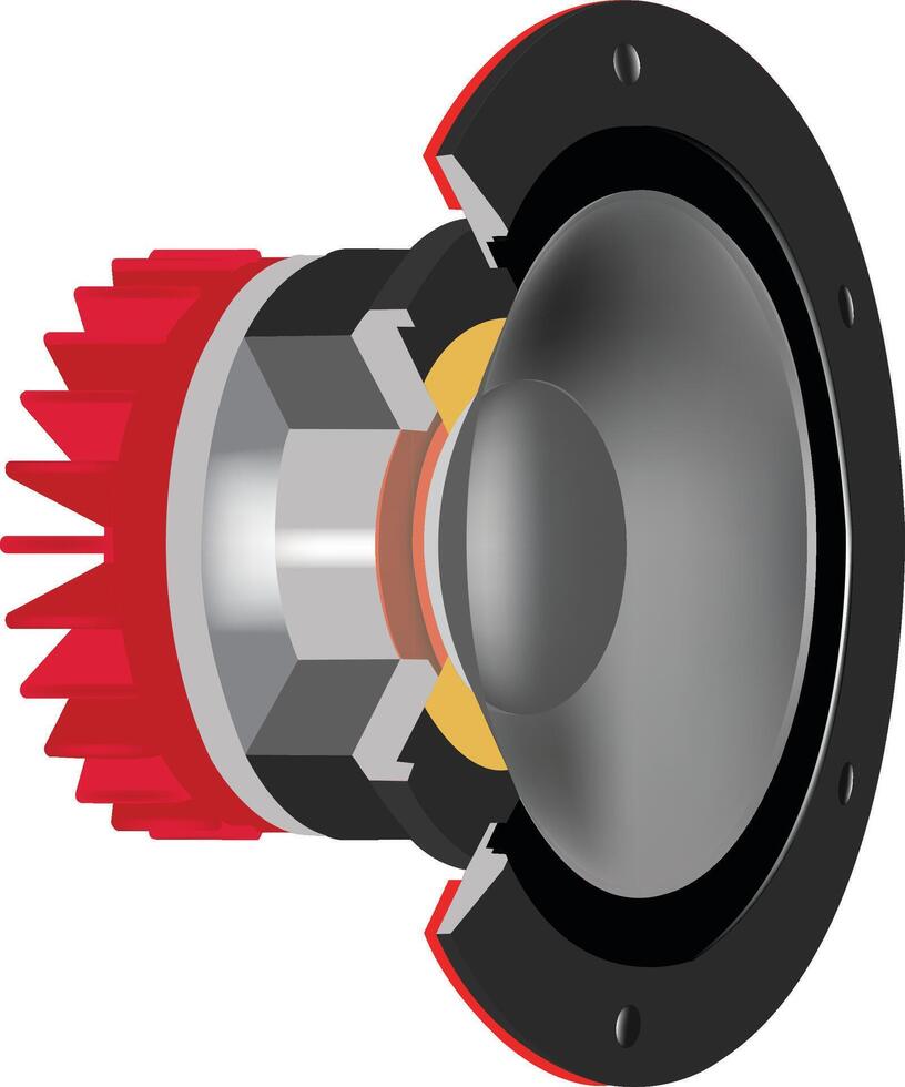 A speaker with a red and black cone vector