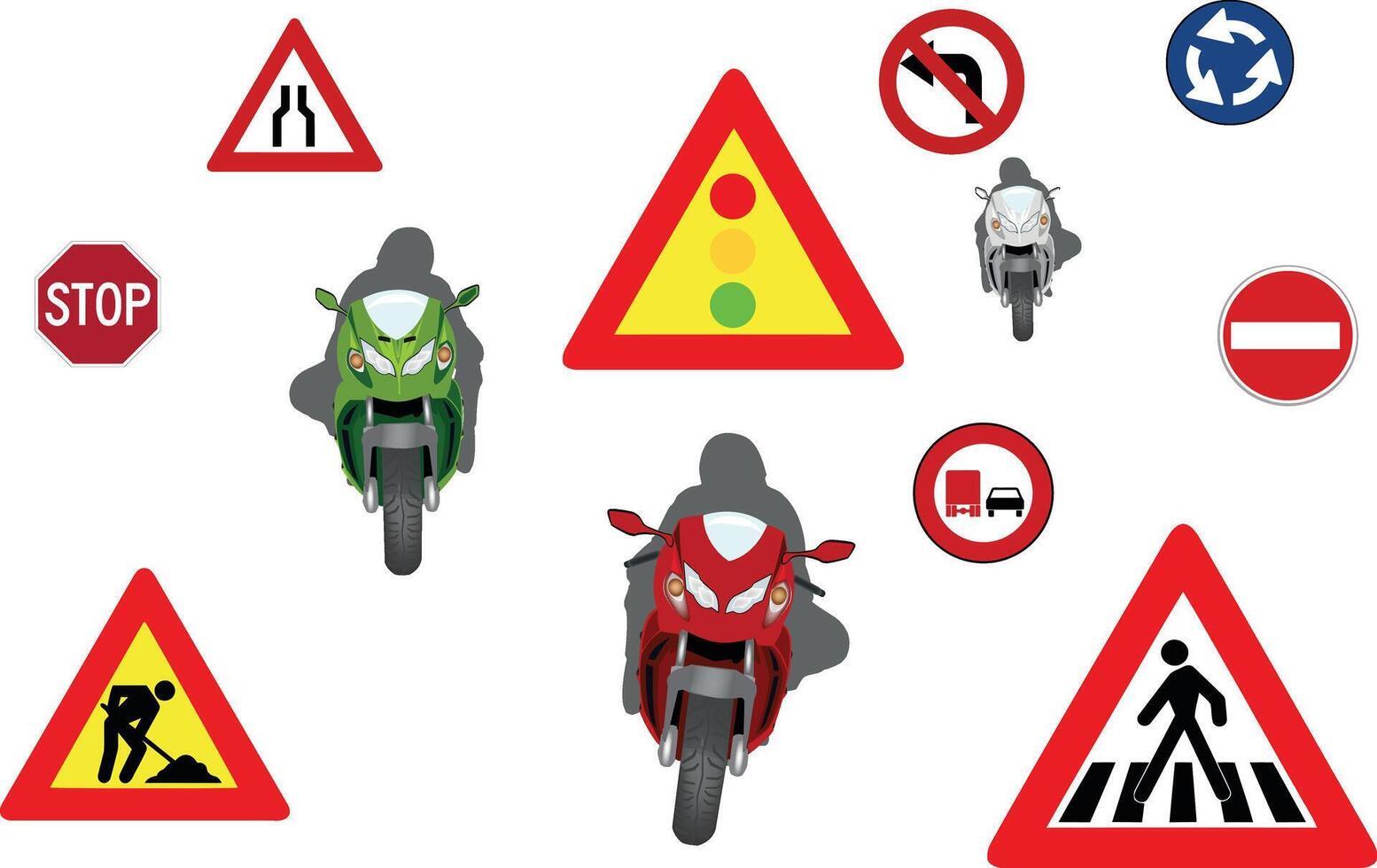 A group of traffic signs and signs with motorcycles vector