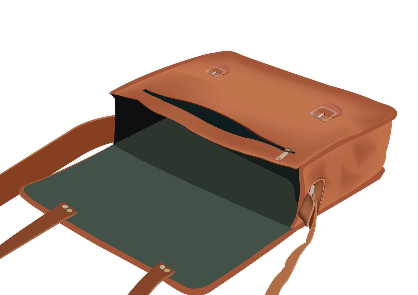 An open brown leather bag with a zipper vector