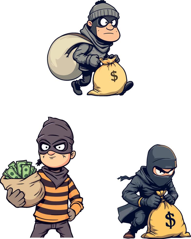 Cartoon thieves escaping with stolen money bags vector