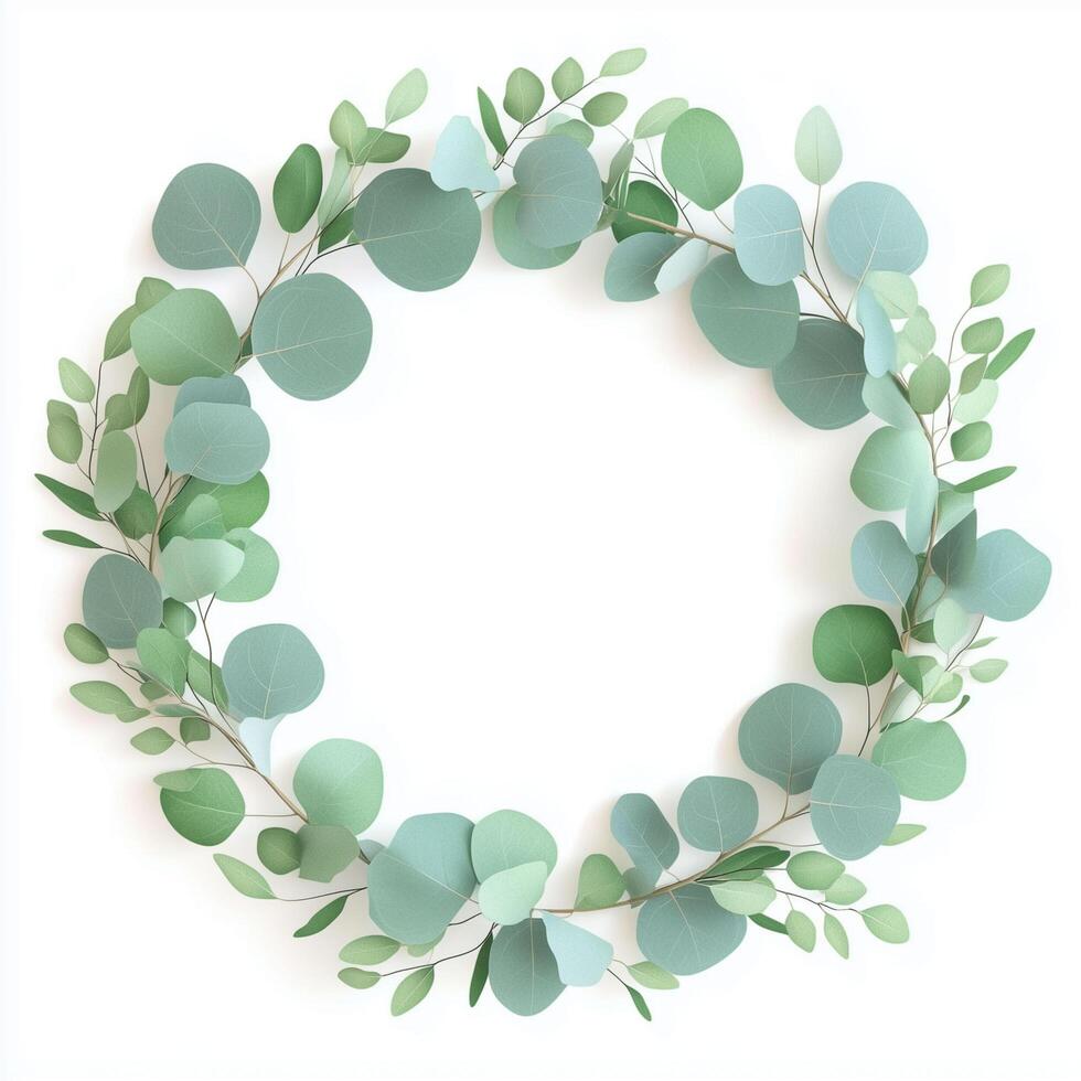 Eucalyptus wreath freshness, composed of various green eucalyptus leaves and branches, isolated on a white background,for wedding invitations, greeting cards, website headers,decorative frames. photo
