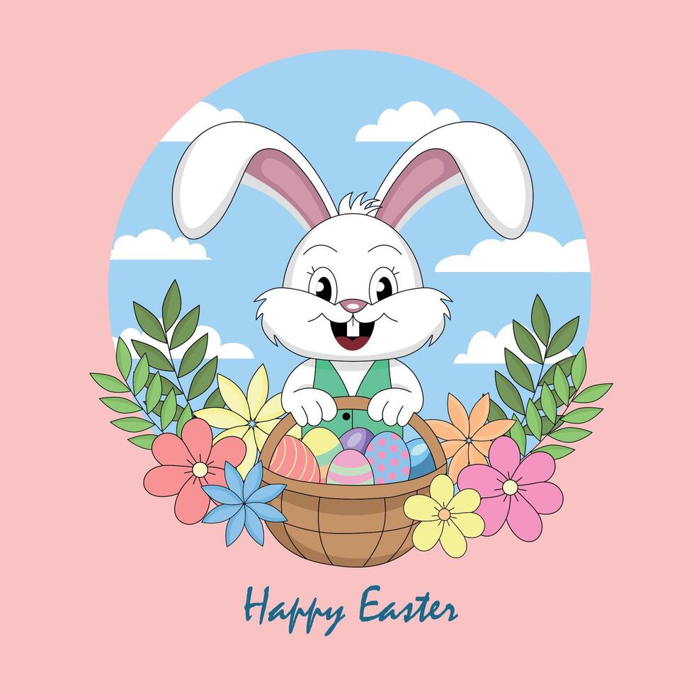 Cute cartoon rabbit with basket with easter eggs on pink background, flat style vector