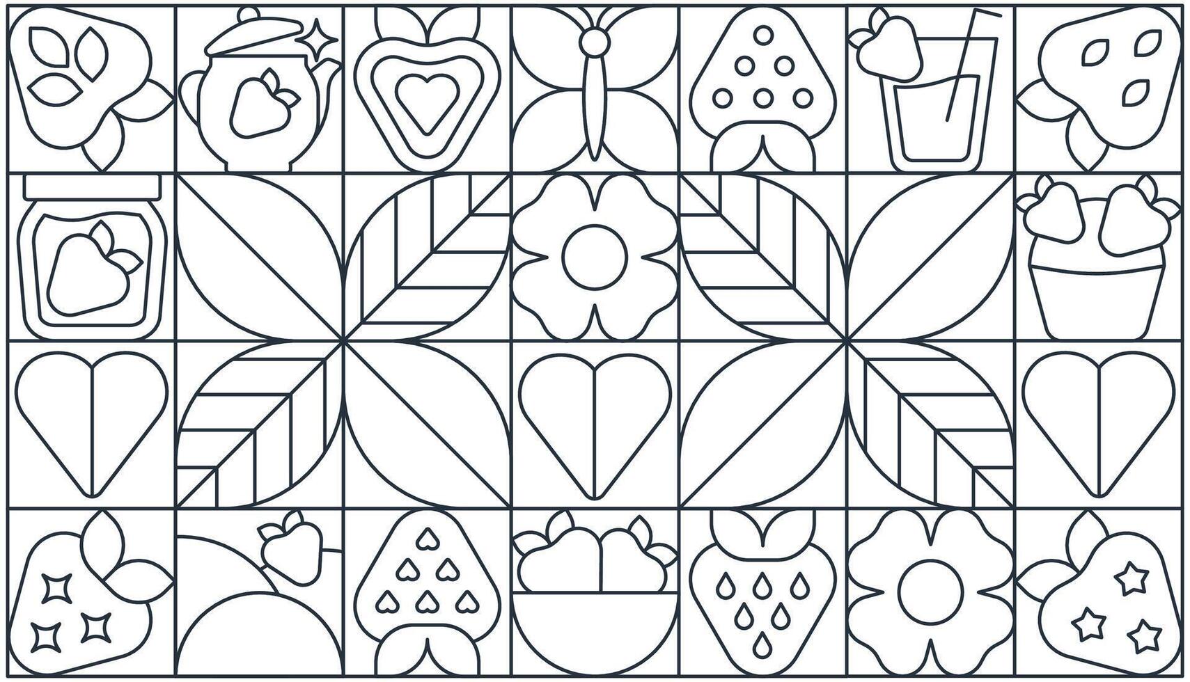Linear Strawberry Banner and Seamless Ornament in minimalist geometric design vector