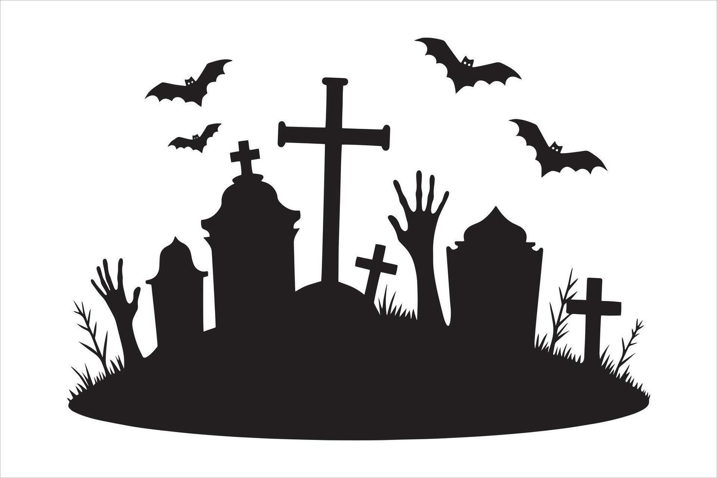 Haunted Graveyard with Rising Hands Eerie Graveyard with Tombstones and Bats vector