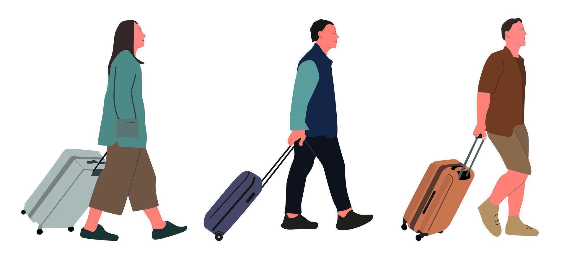 This Set of Illustrations of People Carrying Suitcases perfectly captures the essence of travel, tourism and business trips. vector