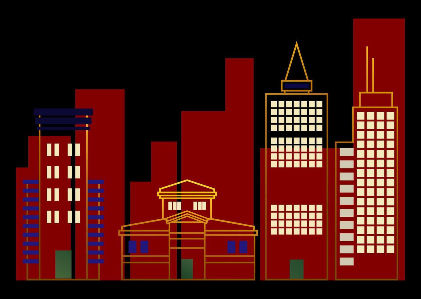 Art Deco City Buildings Featuring bold geometric skyscrapers, Ideal for posters, travel guides, branding, editorial design, event promotions and interior decoration vector