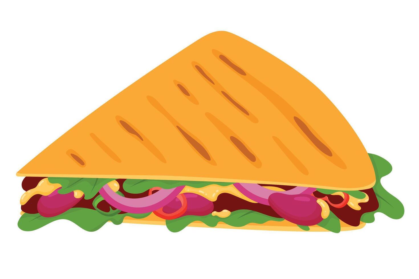 Tasty quesadilla cartoon illustration isolated on white background. Mexican fast-food snack, street food take away tex mex meal. Tortilla sandwich with meat, beans, melted cheese and vegetables vector