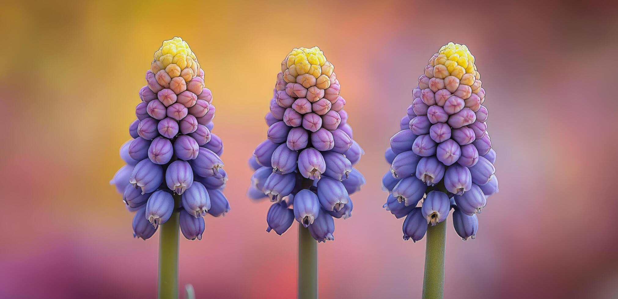 Three beautiful grape hyacinth blooms in vibrant colors during springtime photo