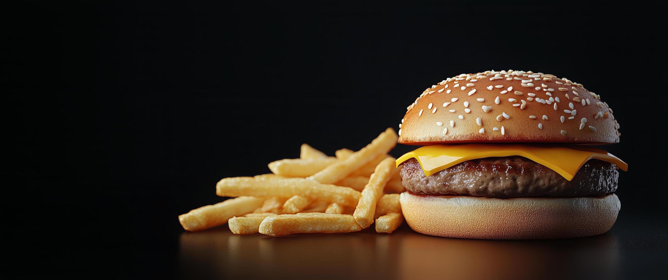 Cheddar cheese burger with fries on a dark background showcasing delicious fast food appeal photo