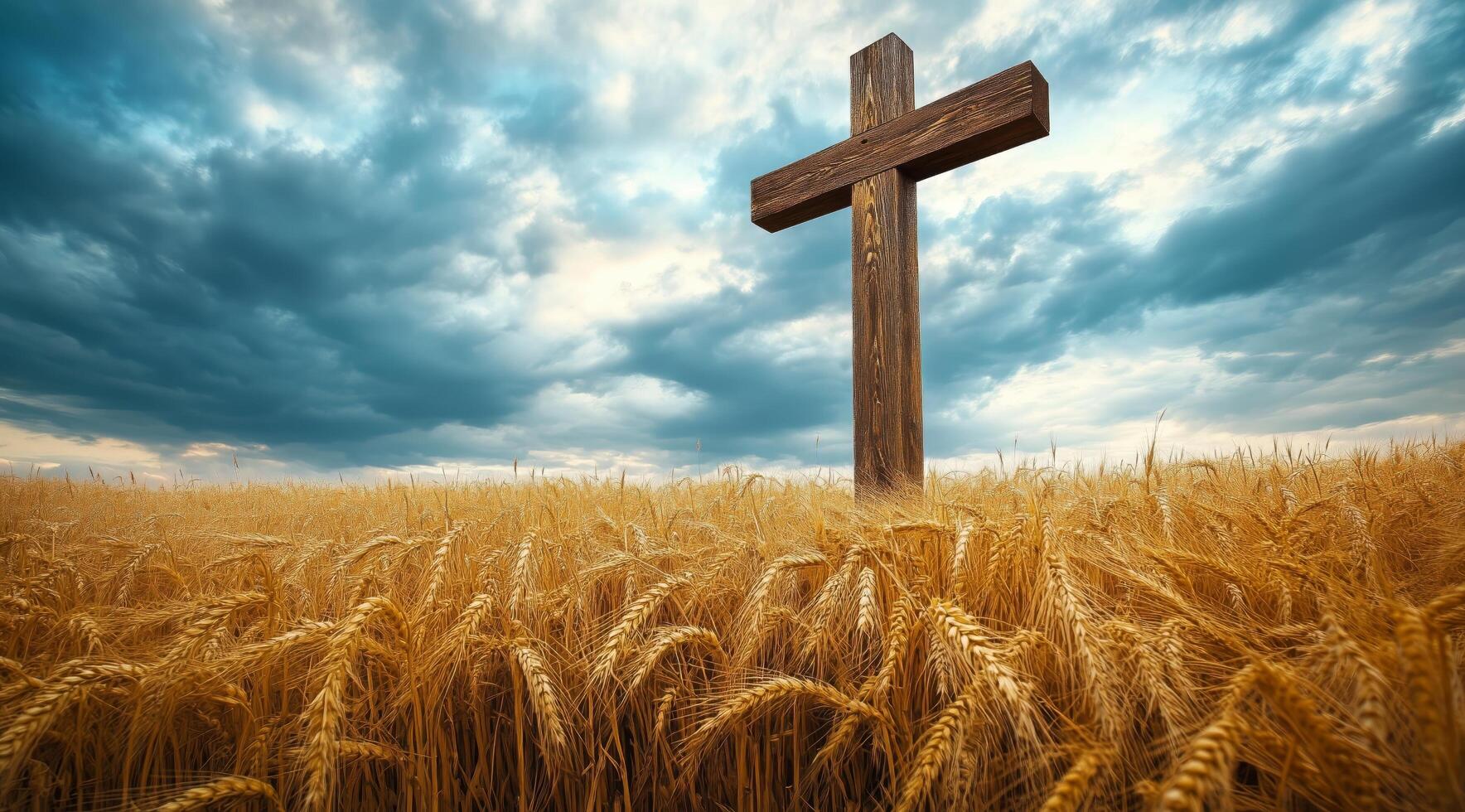 Cross stands tall in golden wheat field against a dramatic sky photo