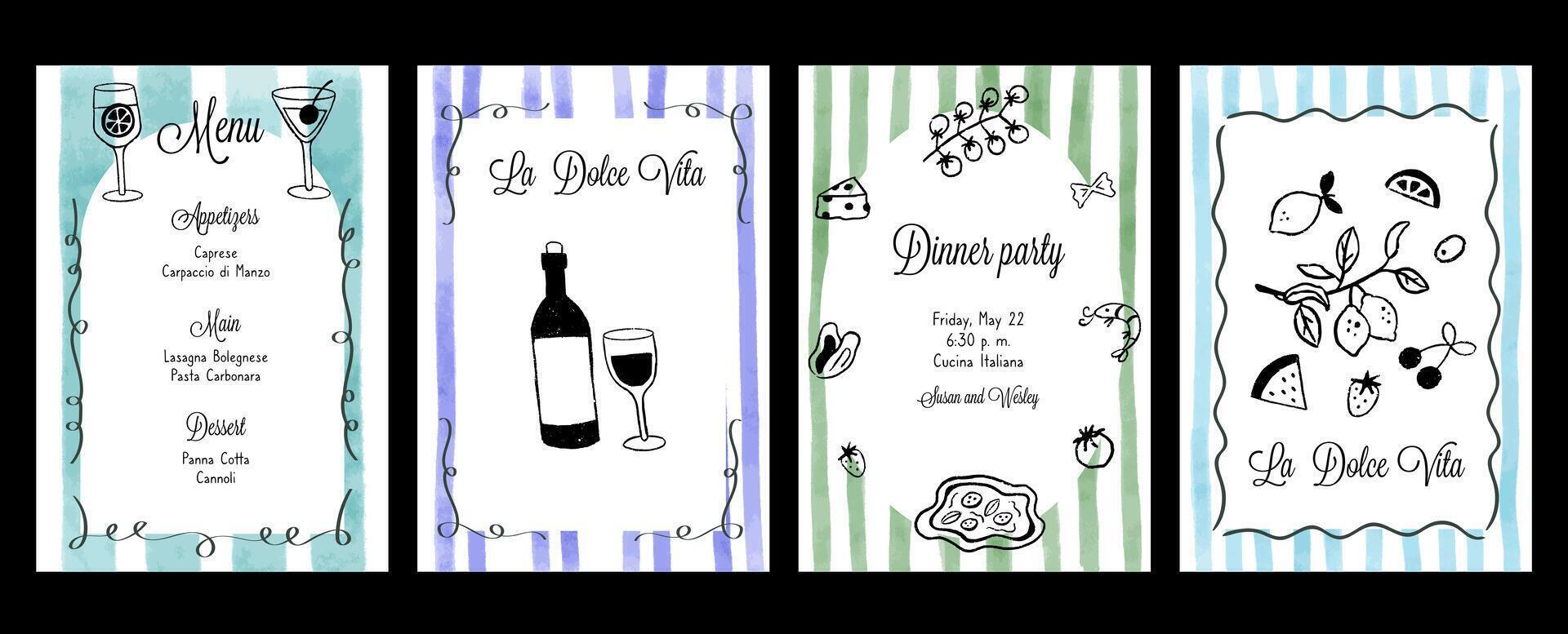 Hand draw la dolce vita breakfast doodles. Posters with food crayon drawing style. Minimalist line art. Flier for invitations, menus design vector