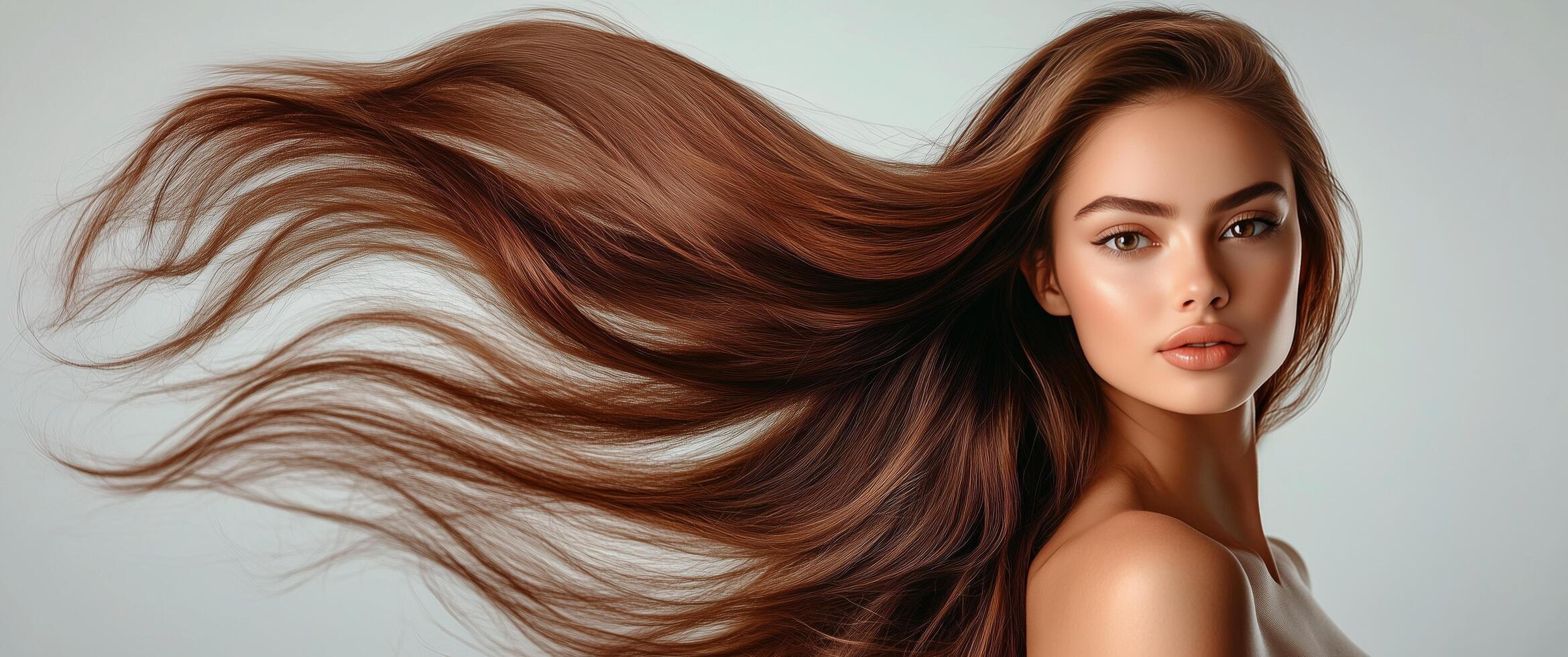 Model showcases flowing hair with graceful movement in a studio setting photo