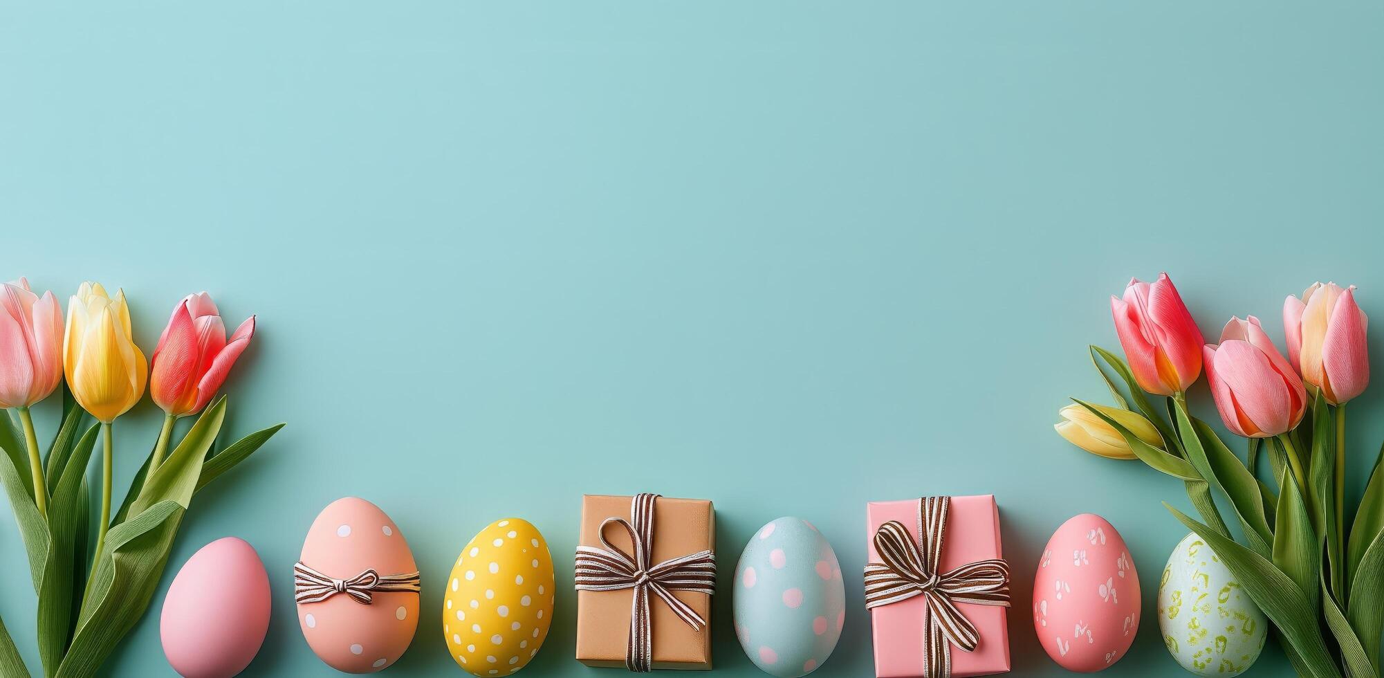 Colorful Easter eggs and tulips arranged on a blue background during spring season festivities photo
