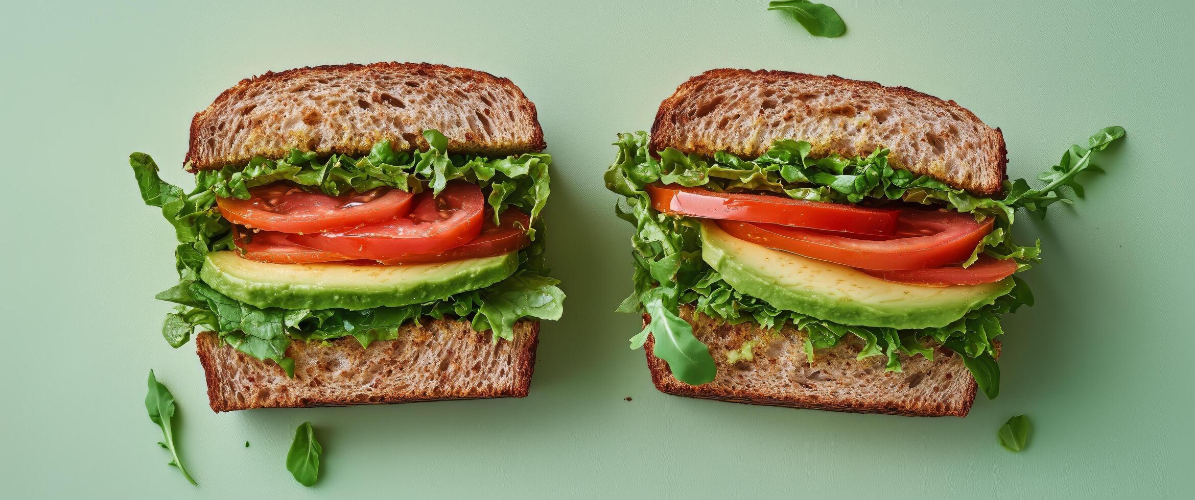 Fresh vegetable sandwich with lettuce, tomato, and cucumber on whole grain bread photo