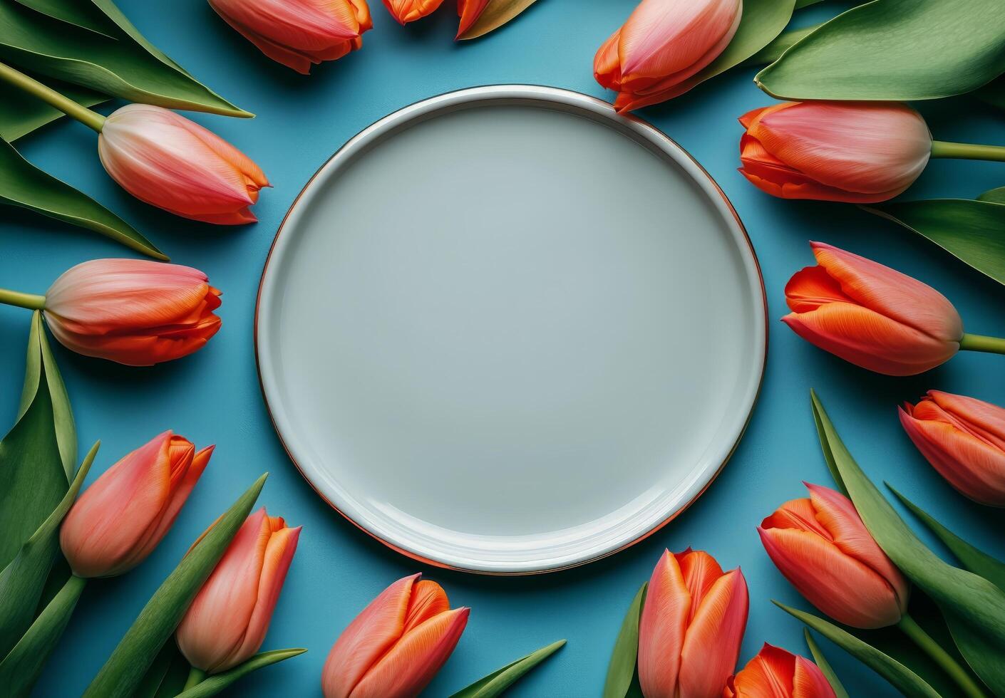 Colorful tulips surround a blank plate on a blue background for a vibrant spring display photo
