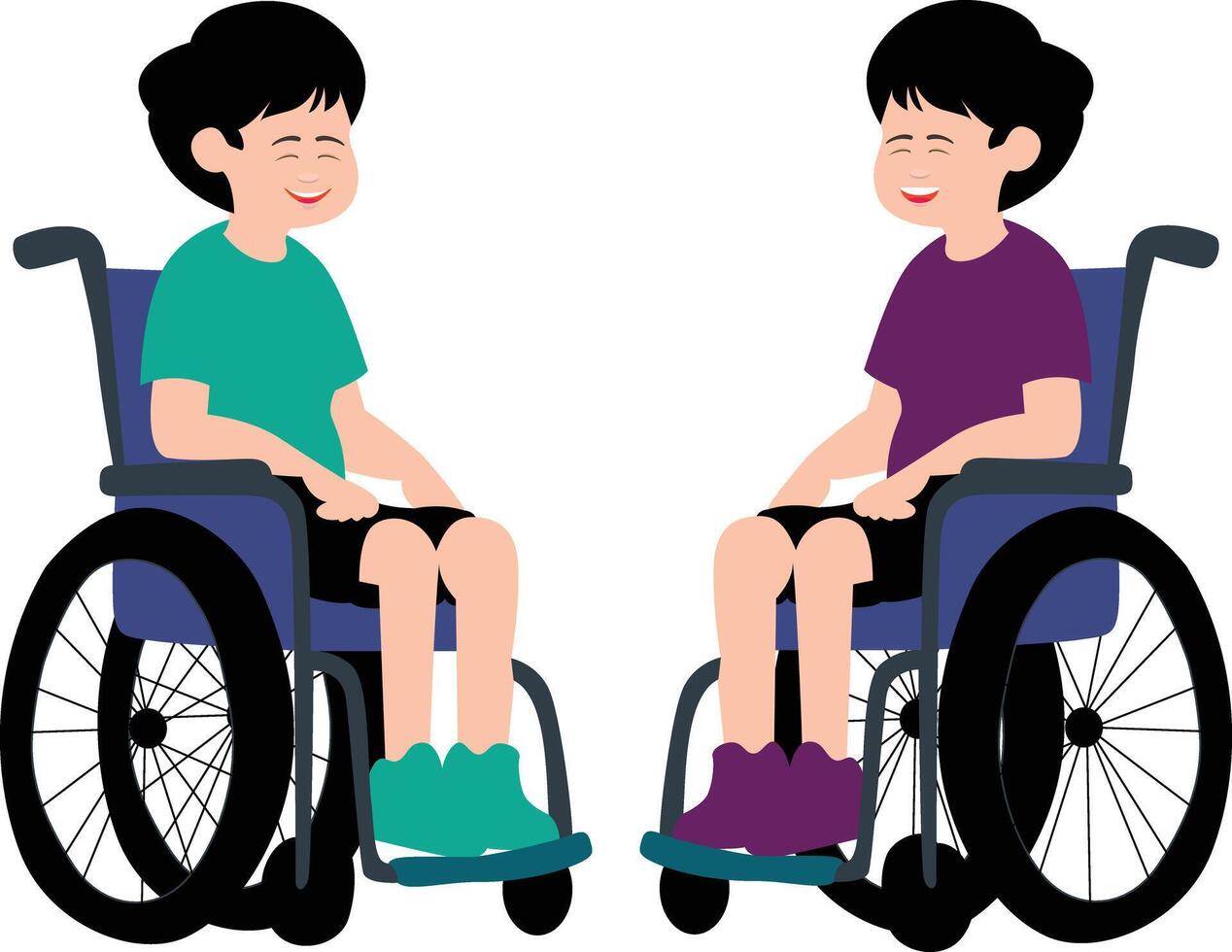 Two boys in wheelchairs, one sitting and the other standing vector