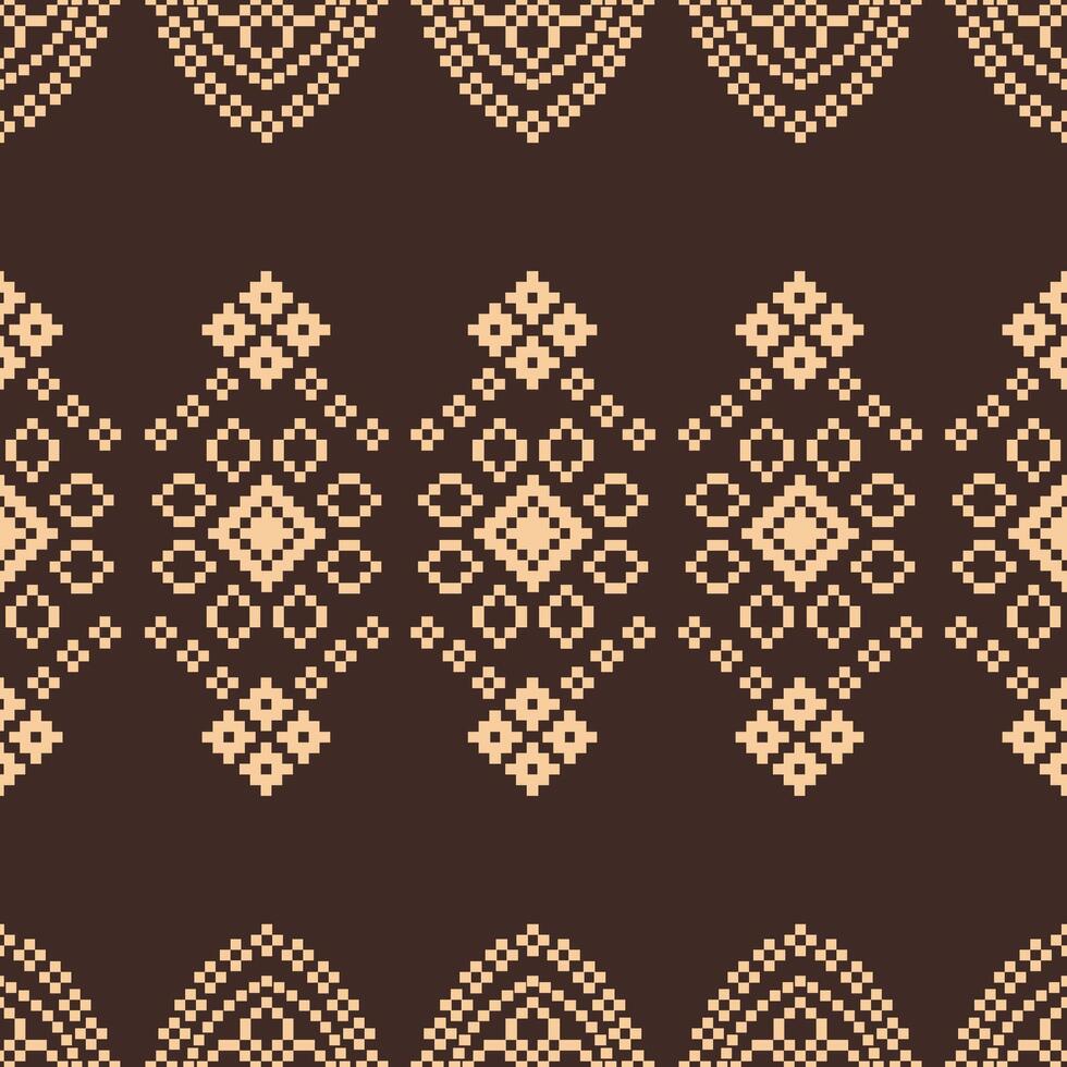 Cross stitch pixel brown color background with ethnic design fabric pattern retro. vector