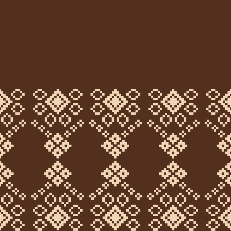 Fabric pattern with cross stitch pixel brown color background with ethnic design pattern art. vector