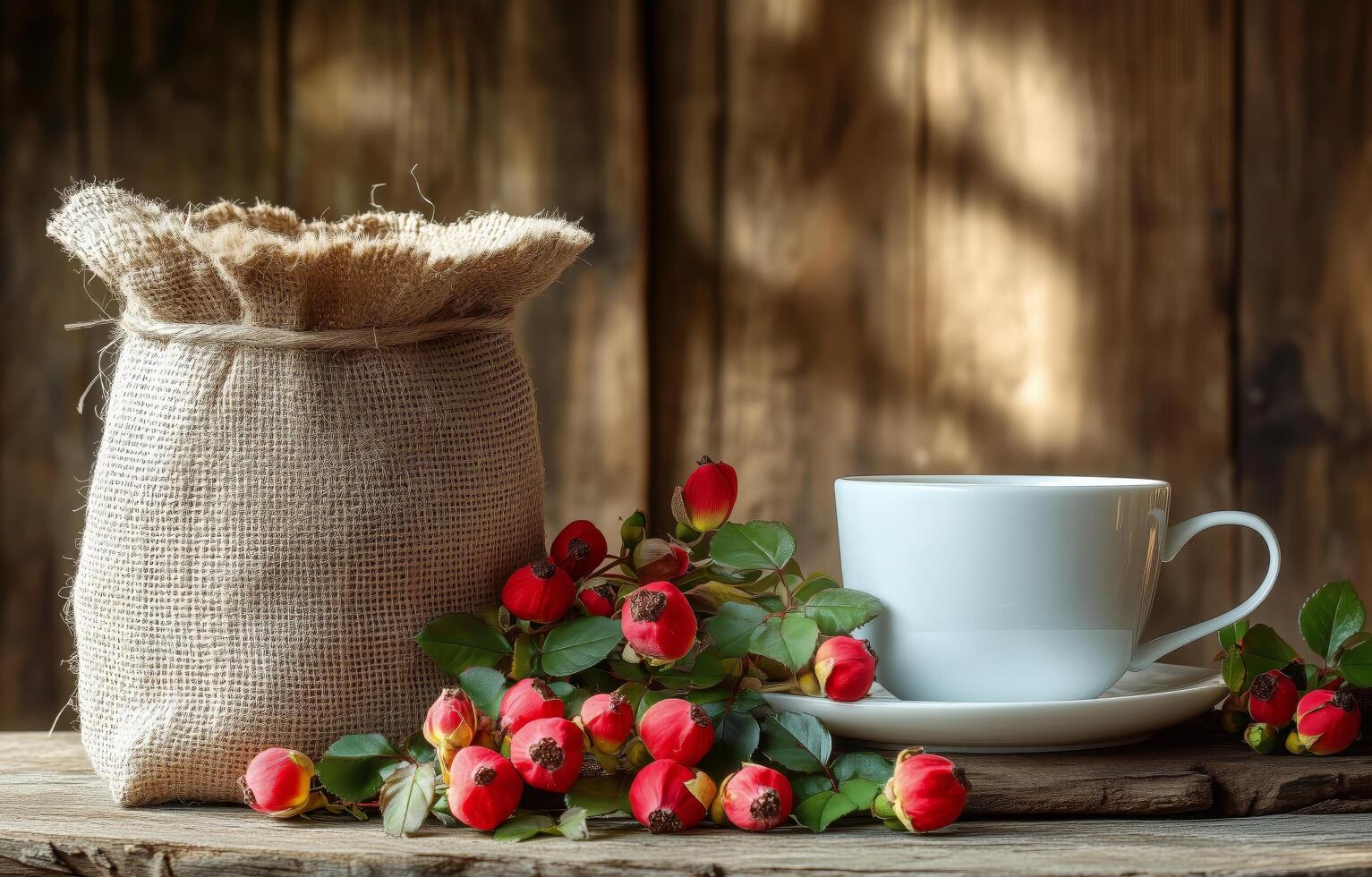 Decorative burlap sack and white cup with rose buds arranged on wooden table in natural light photo