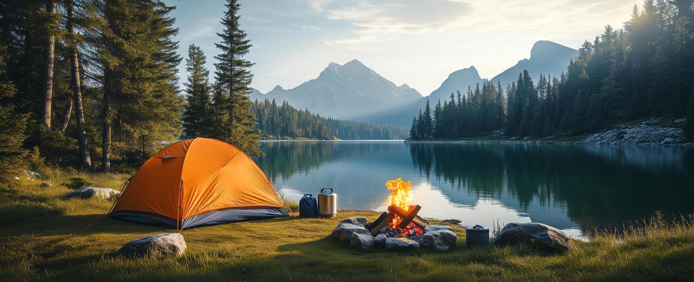 Camping by a serene lake surrounded by mountains during sunrise with an orange tent and campfire photo