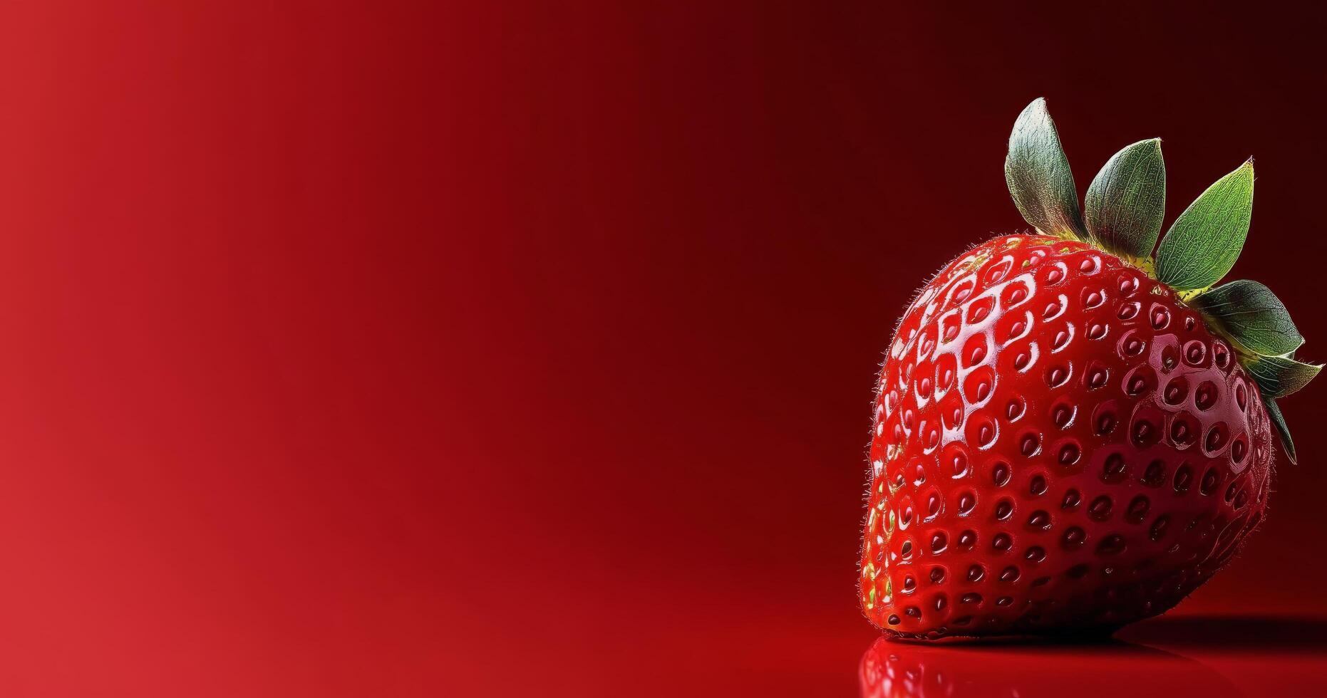 Bright red strawberry on smooth red background showcasing fresh fruit near a soft light source photo