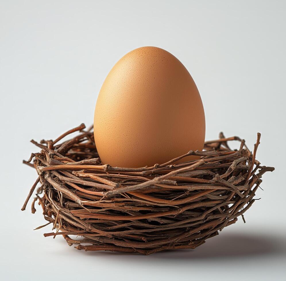Brown egg resting in a handcrafted twig nest on a light background photo