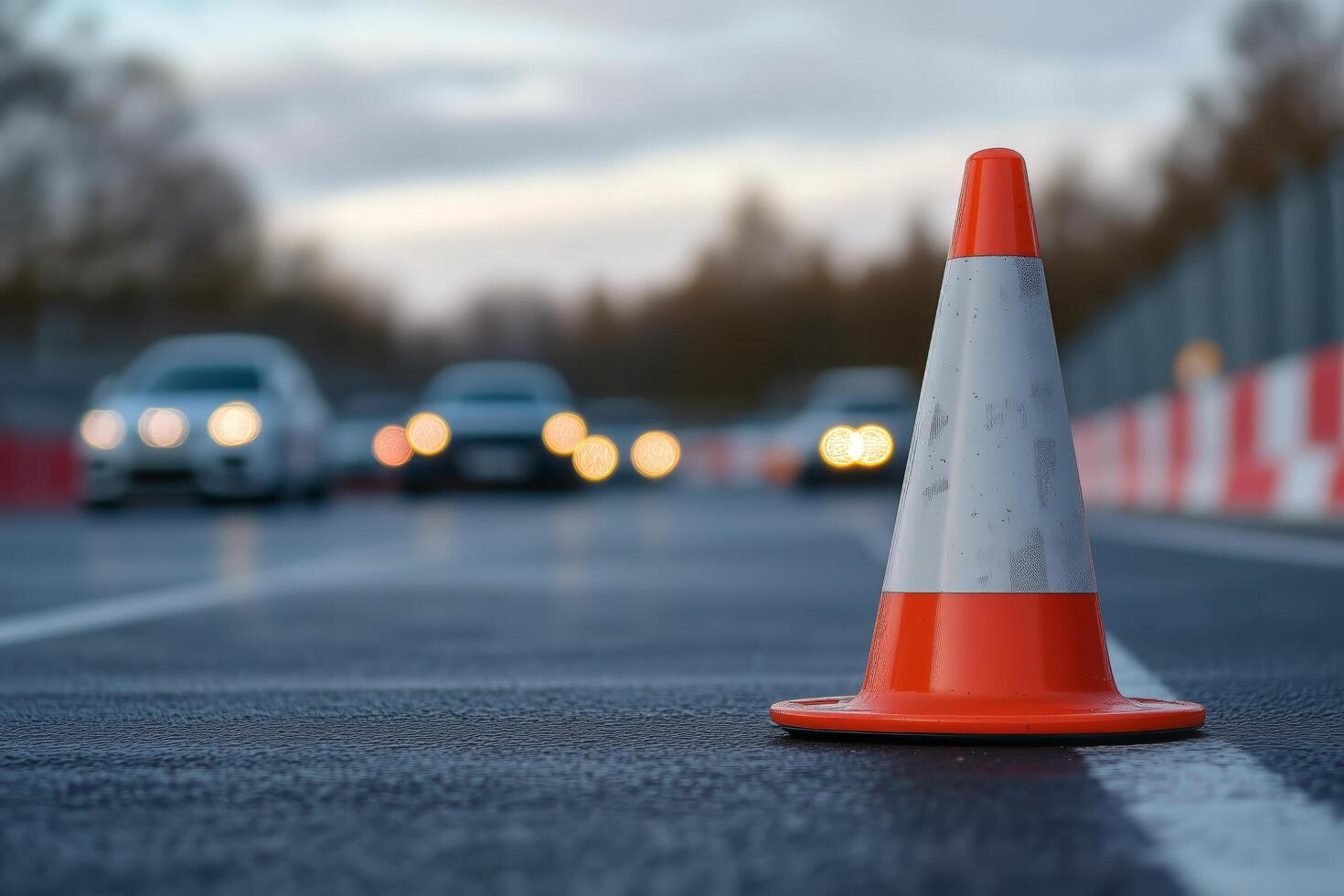 Traffic cone on the road with blurred cars in the background during twilight photo