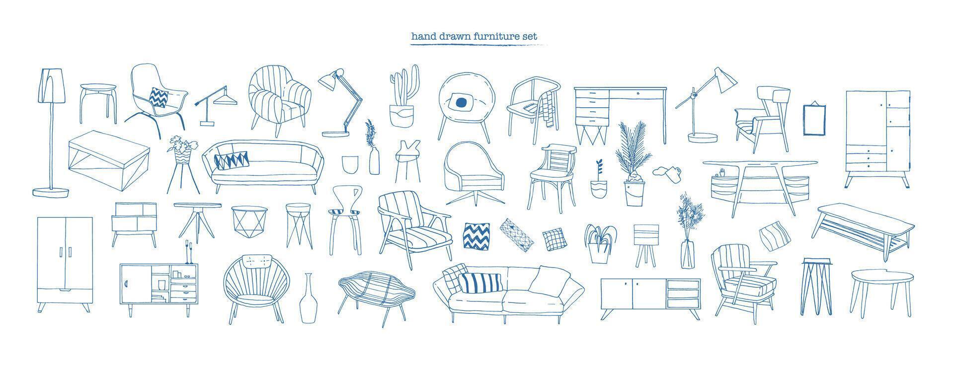 Collection of elegant modern furniture and home interior decorations of trendy Scandinavian or hygge style hand drawn with blue contour lines on white background. Monochrome illustration vector
